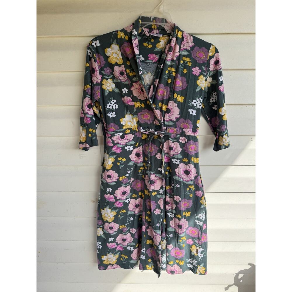 Gownies Green Pink Floral Post Surgery Recovey Hospital Robe XS/S With Pockets
